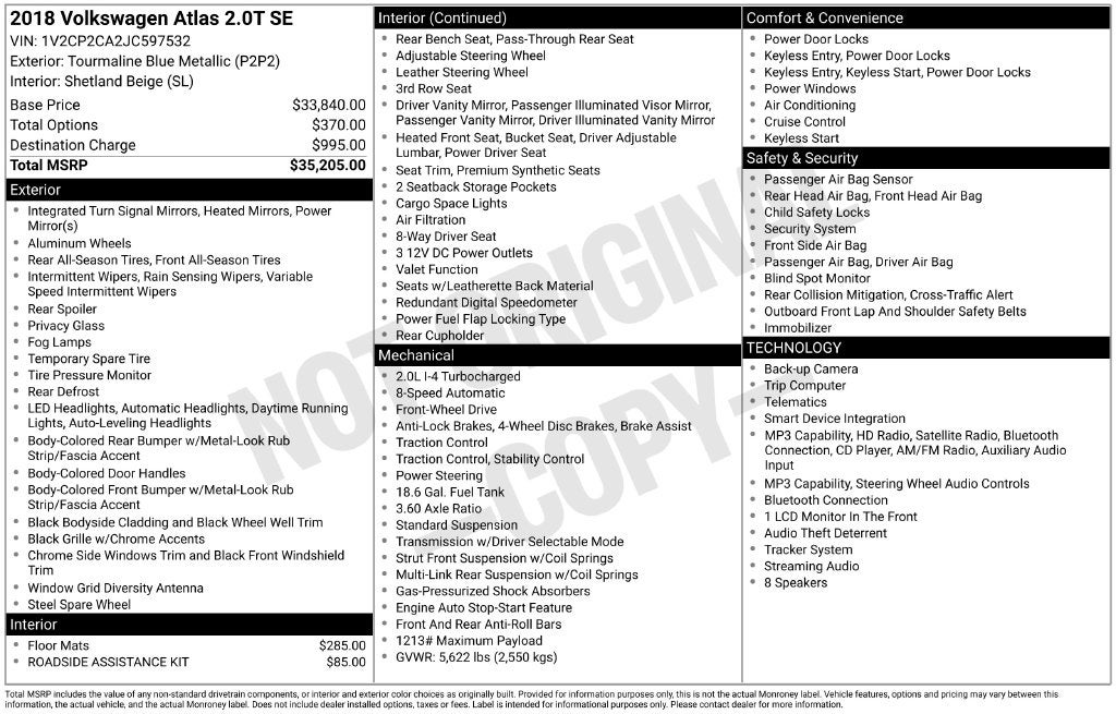 2018 Volkswagen Atlas 2.0T SE