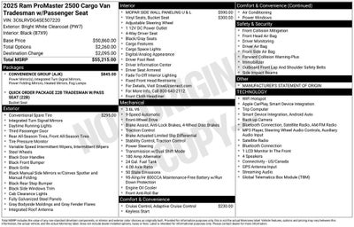 2025 RAM ProMaster 2500 Cargo Van Tradesman High Roof 159' WB w/Pass Seat